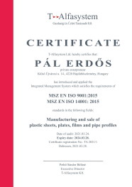 MSZ EN ISO:9001:2009 certificate